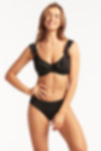 Black Underwire Bikini Sea Level Australia F cup frill underwire bra Essentials black ruffle bikini mid waist bikini bottoms