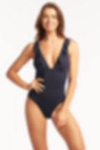 Navy Blue One Piece Swimsuit Sea Level Australia Eco essentials Frill one piece Swimsuit night sky tummy control best website