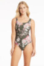 slimming classy tummy control flattering Martini square neck scoop back one piece khaki Elegant Swimsuit Sea Level Australia